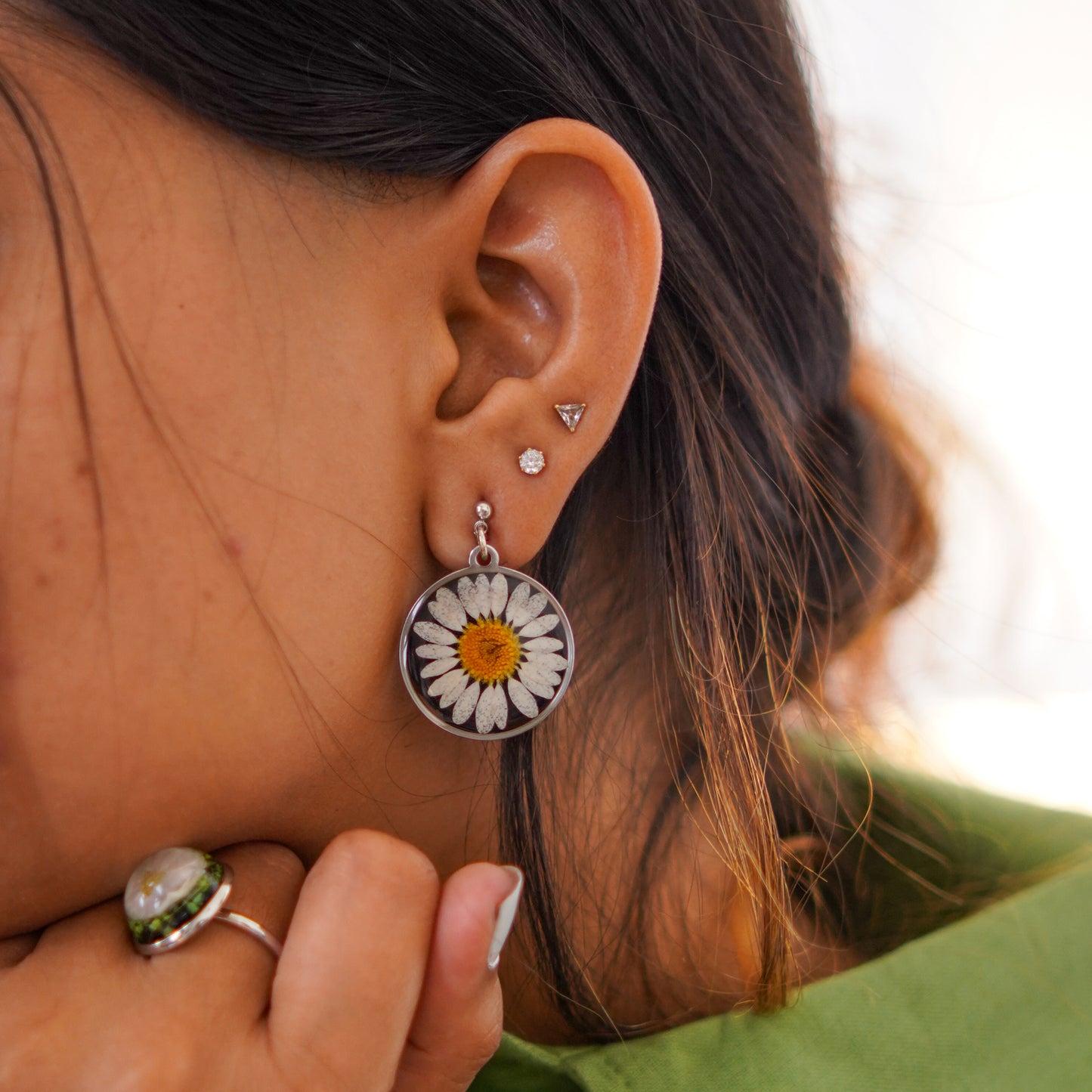 Black Daisy Silver Earrings