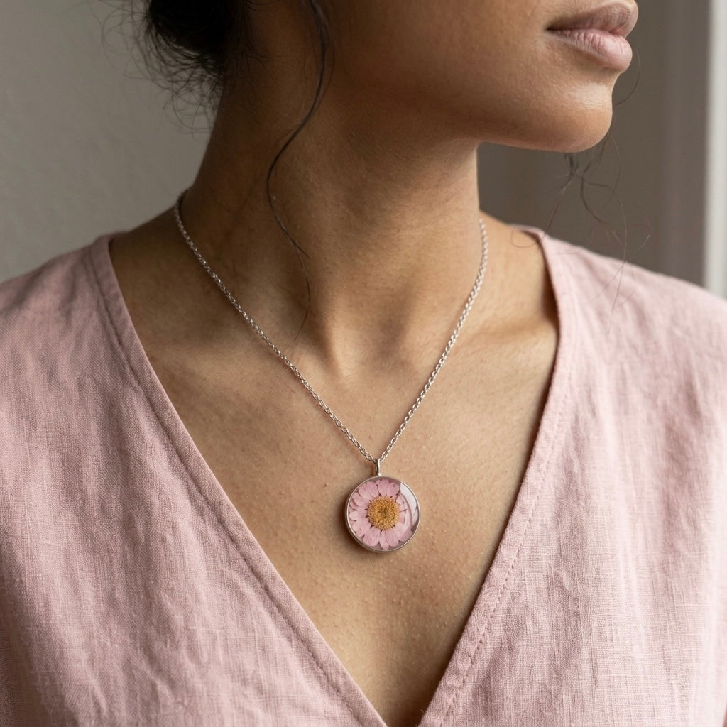 Pink Aura Daisy Dome Necklace