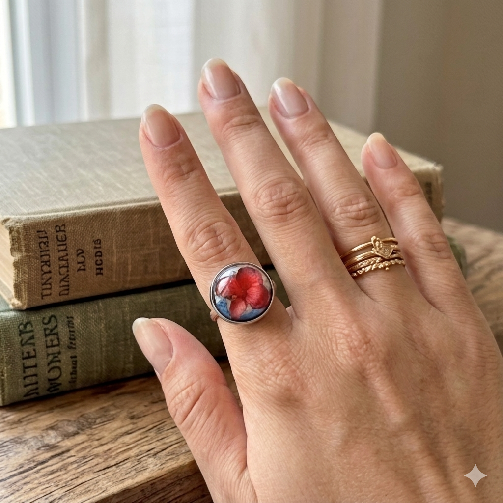 Red Cherry Hydrangea Silver Ring