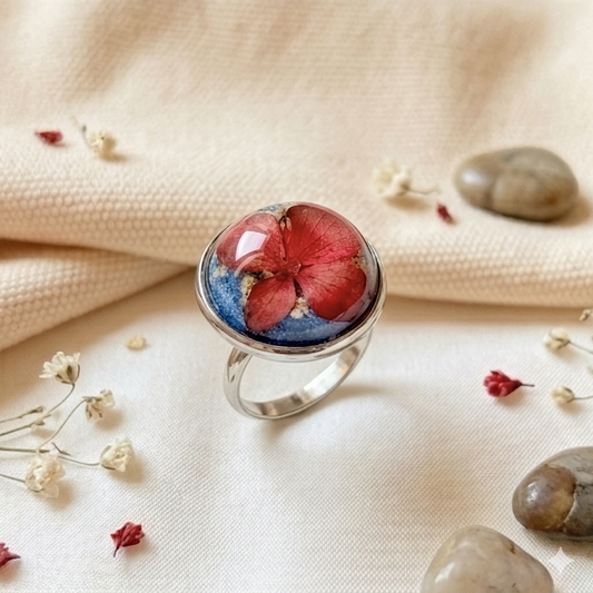 Red Cherry Hydrangea Silver Ring