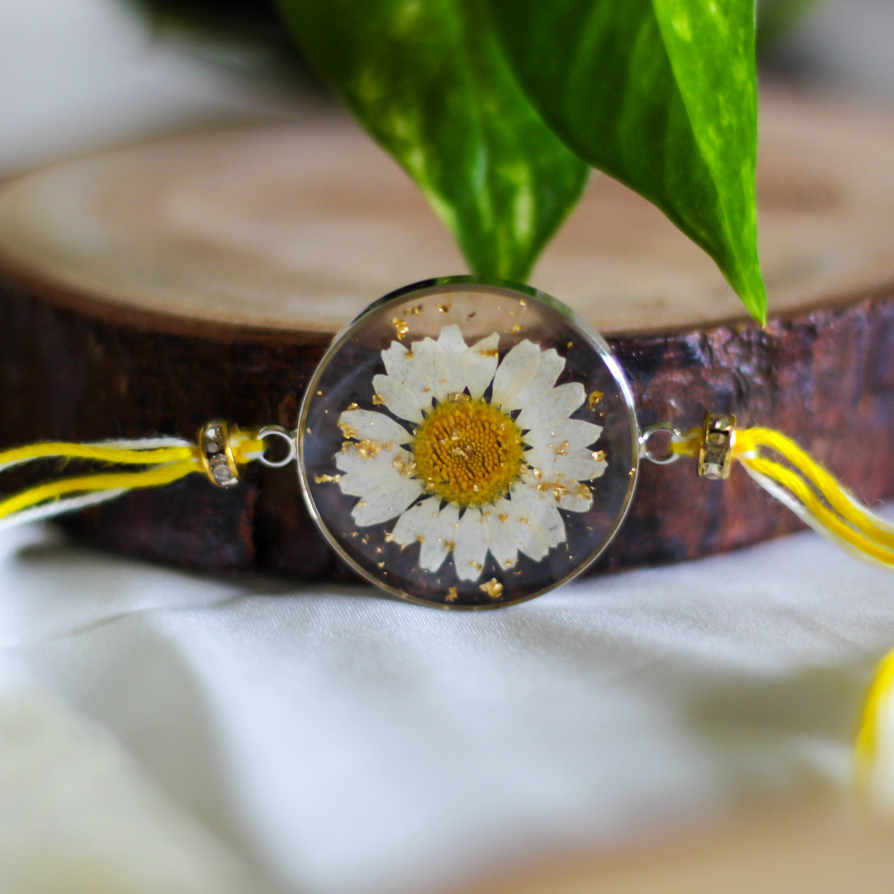 White Daisy Shimmer Silver Rakhi