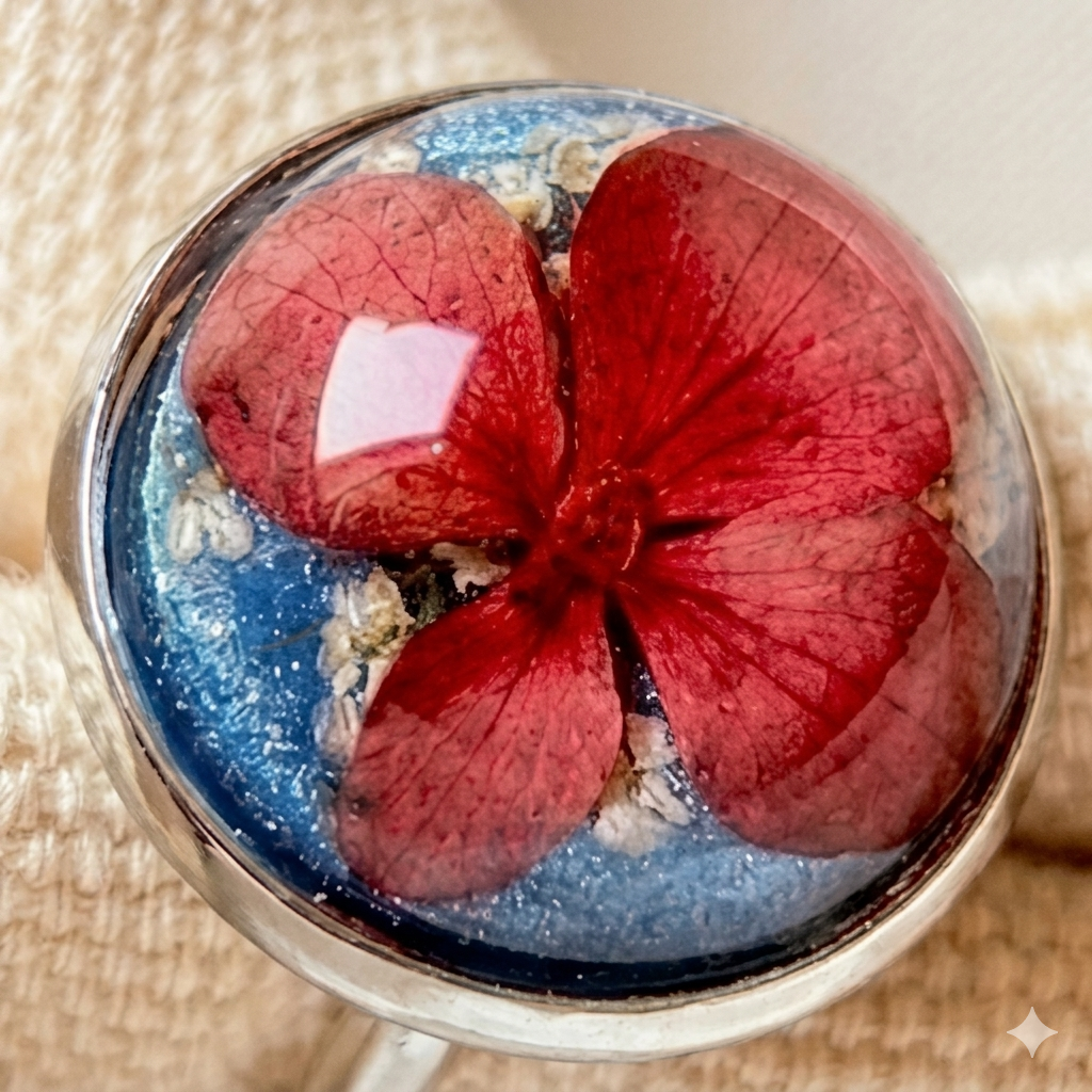 Red Cherry Hydrangea Silver Ring