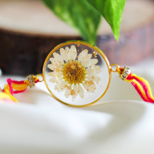 White Daisy Shimmer Gold Rakhi