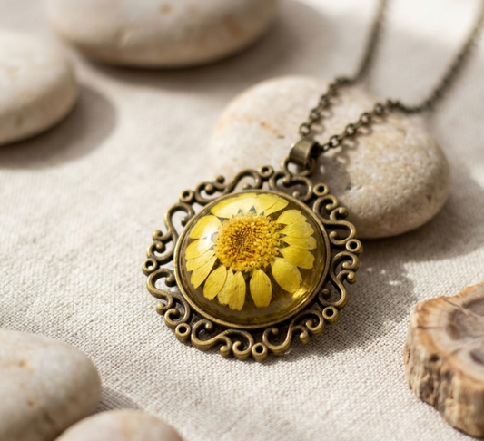 Antique Yellow Daisy Dome Necklace