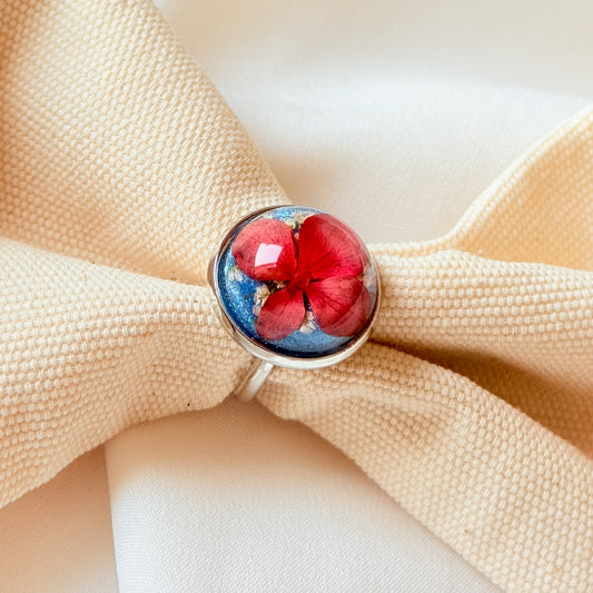 Red Cherry Hydrangea Silver Ring